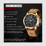Watches for Men Luxury Quartz Water Resistant Watch Men's Chronograph Genuine Leather Strap 5160 Black - Image 2